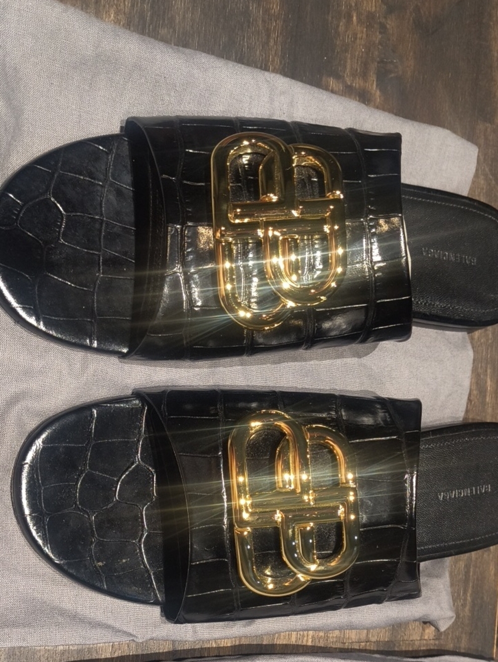 Balenciaga Black Croc-Embossed Slide Sandals with Gold Double-B Hardware
